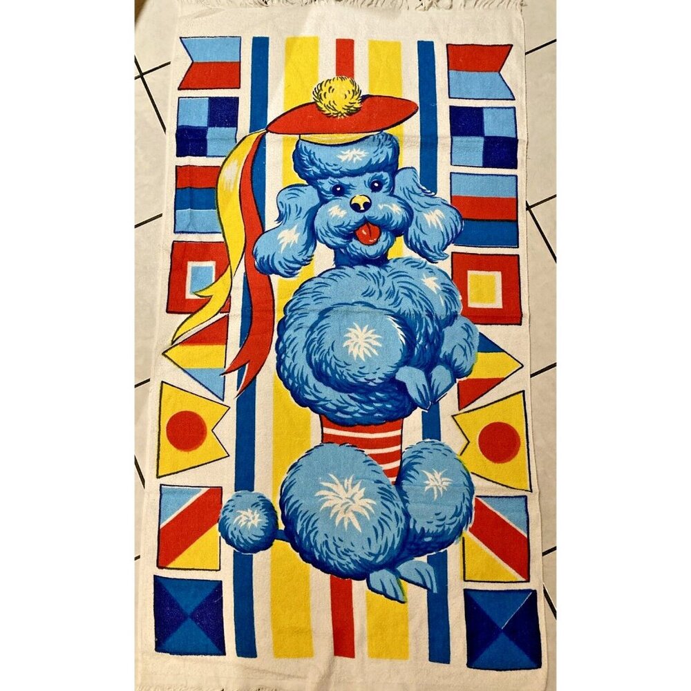 Vintage Caldwell 70's Red Blue Poodle Pup BathTowel Bathroom Decor 53 x 30
